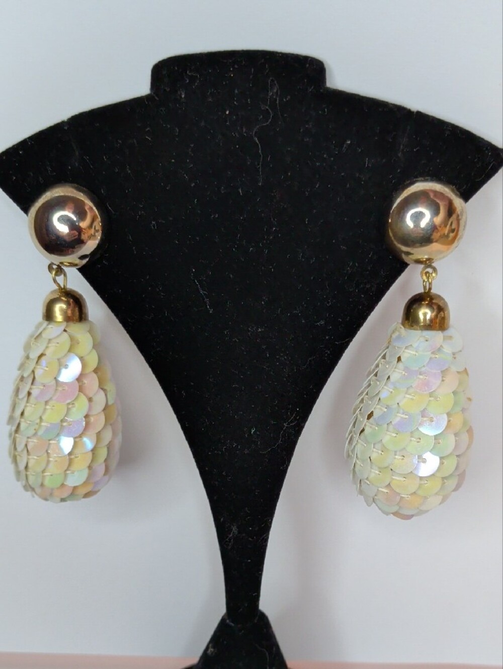 Vintage 60s Sequin Drop Earrings with Iridescent Scales Teardrops MCM